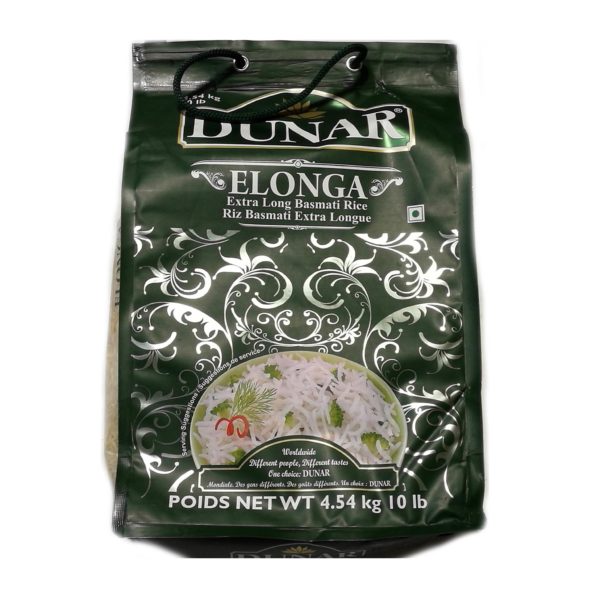 Dunar-Elonga Extra Long Basmati Rice 10 Lb 4.54 Kg Green Bag