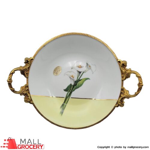 Bowl White Ceramic With Metal Decorative Handles
